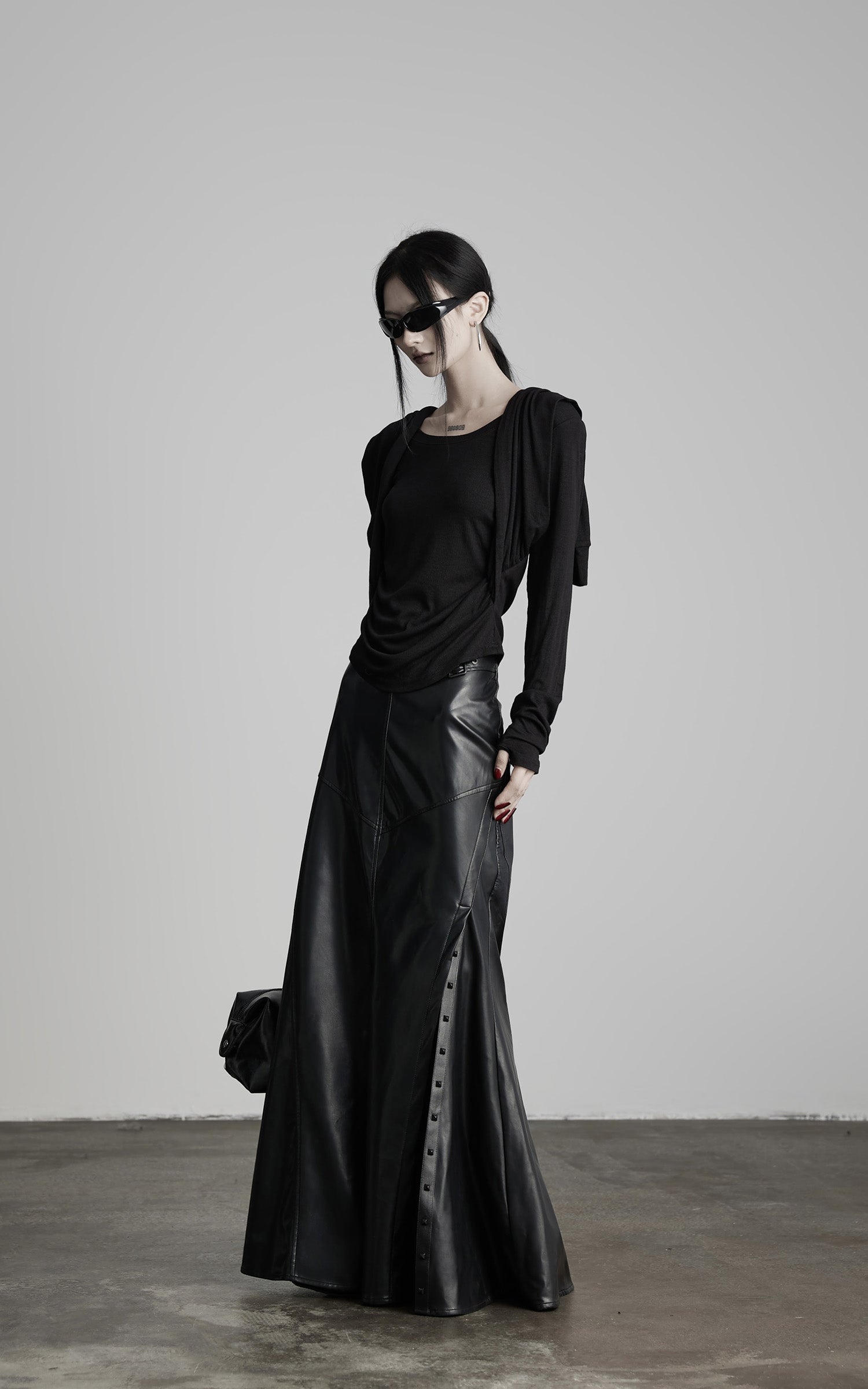 DOINDULGE Paneled Faux Leather Maxi Skirt with Stud Detail