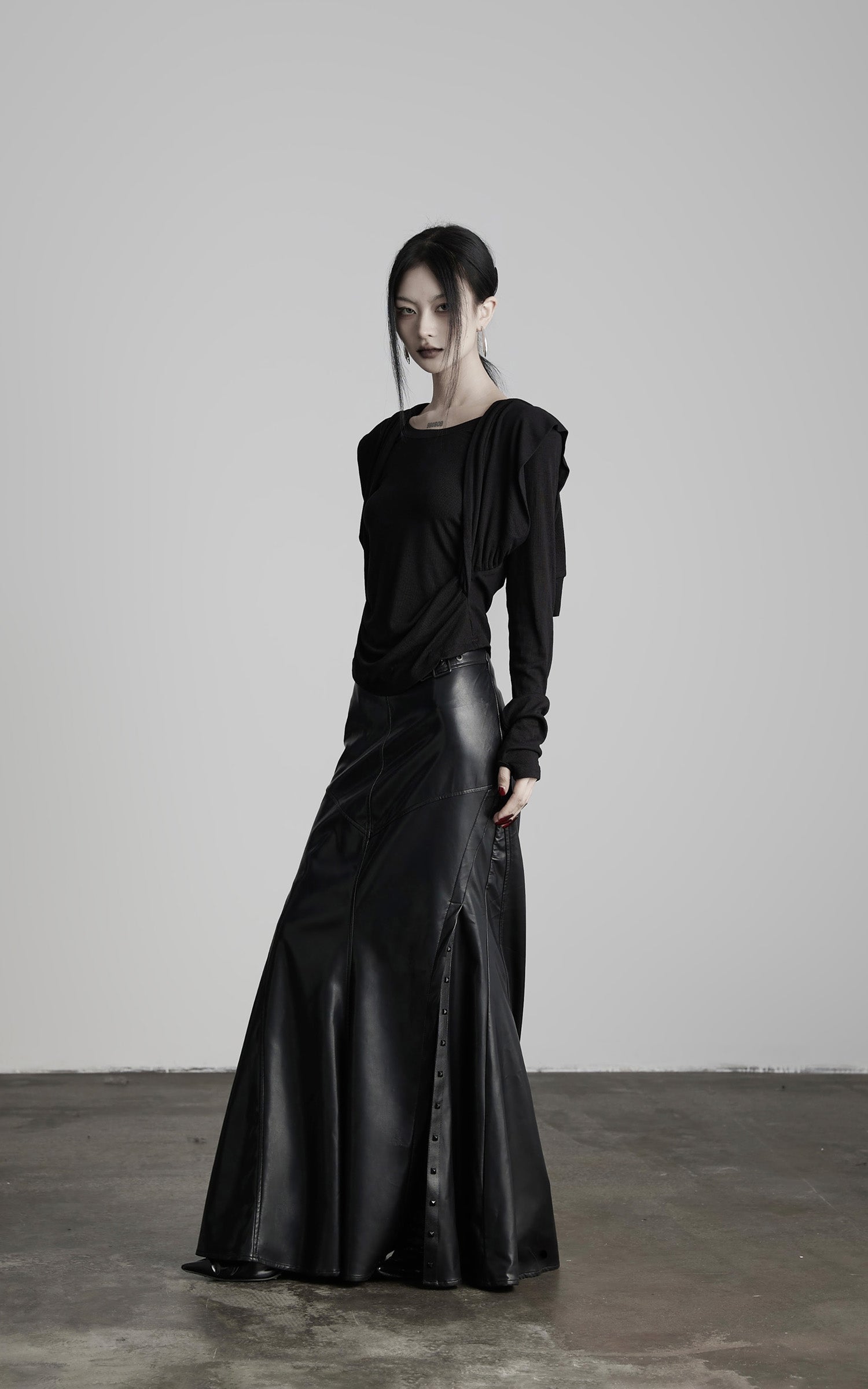 DOINDULGE Paneled Faux Leather Maxi Skirt with Stud Detail