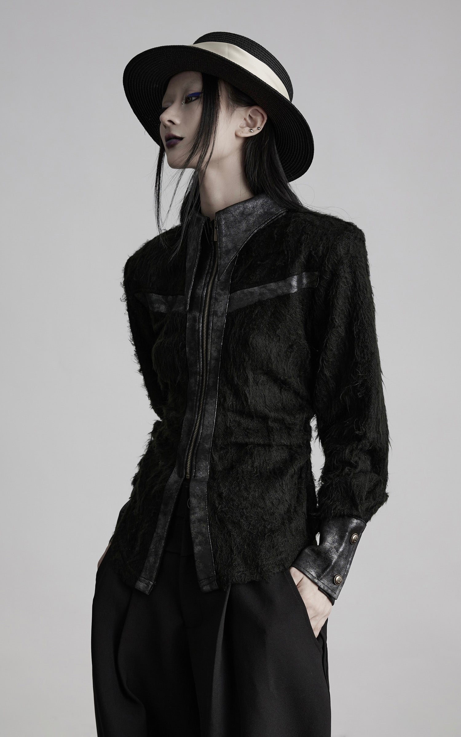 DOINDULGE Faux Leather Trimmed Fuzzy Top