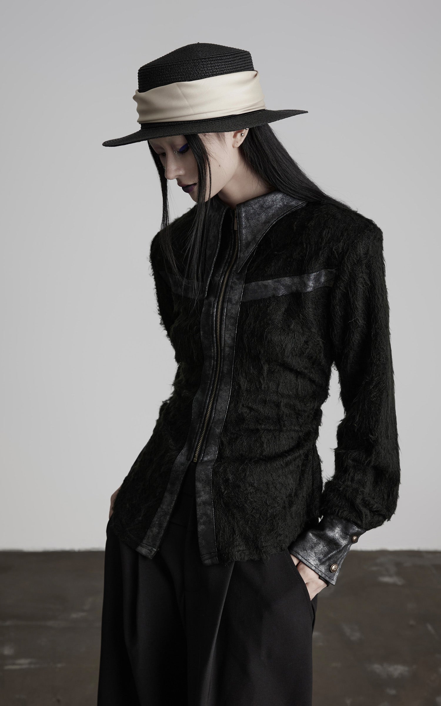 DOINDULGE Faux Leather Trimmed Fuzzy Top