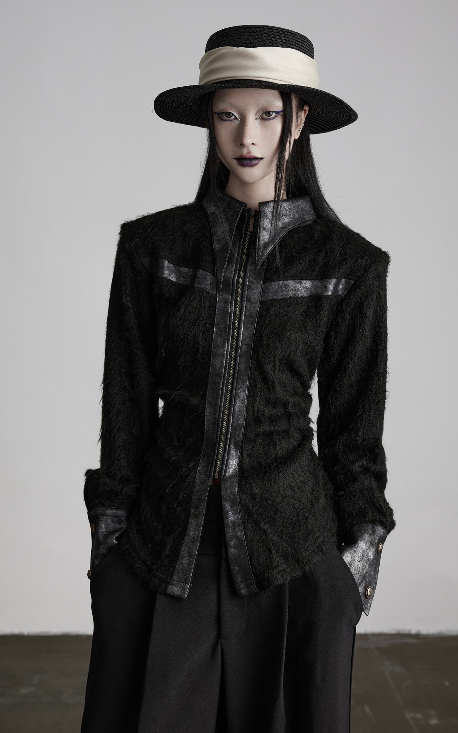 DOINDULGE Faux Leather Trimmed Fuzzy Top