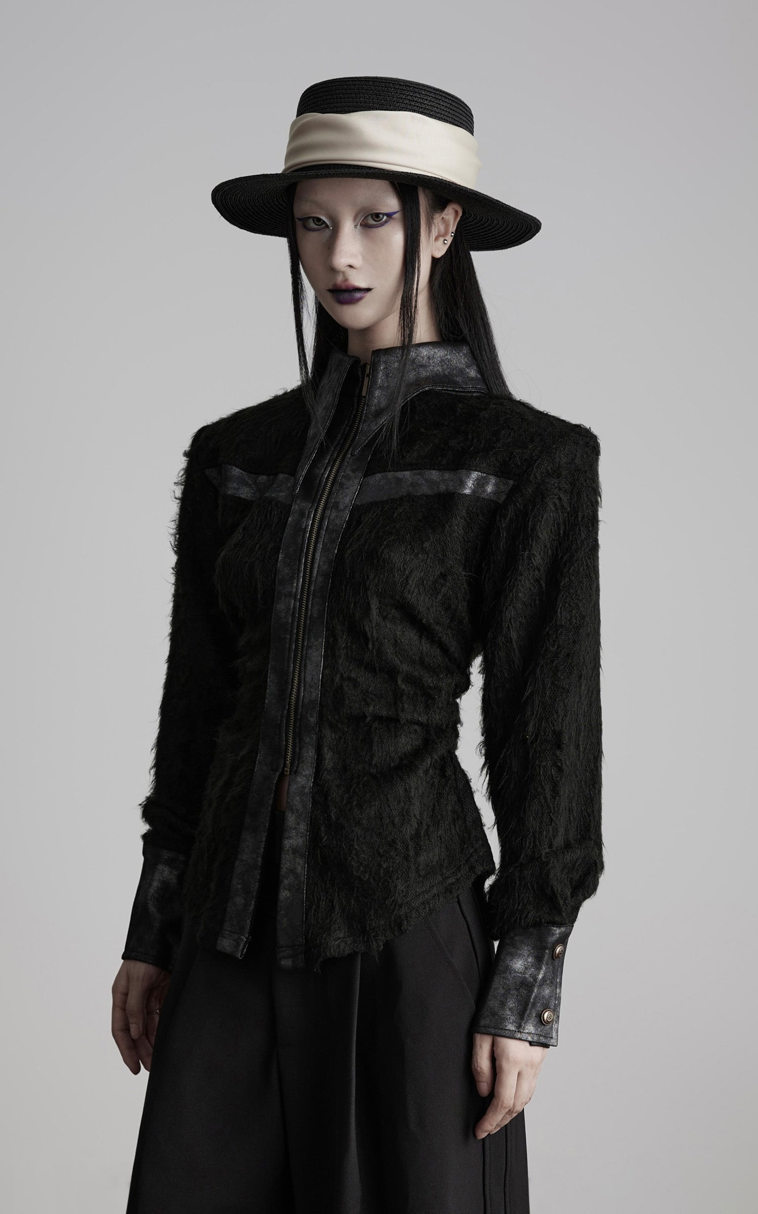 DOINDULGE Faux Leather Trimmed Fuzzy Top