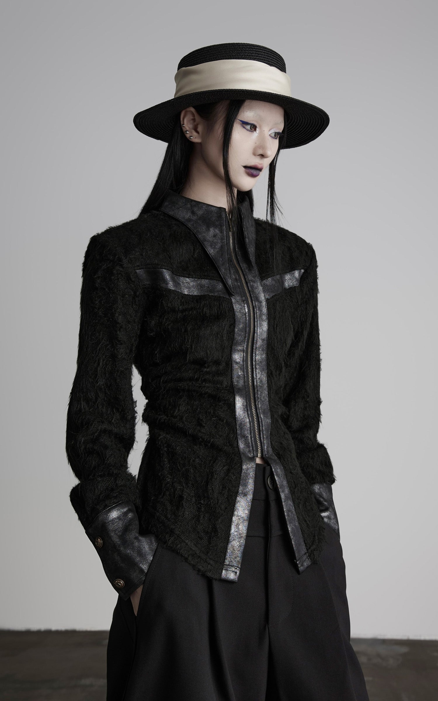 DOINDULGE Faux Leather Trimmed Fuzzy Top