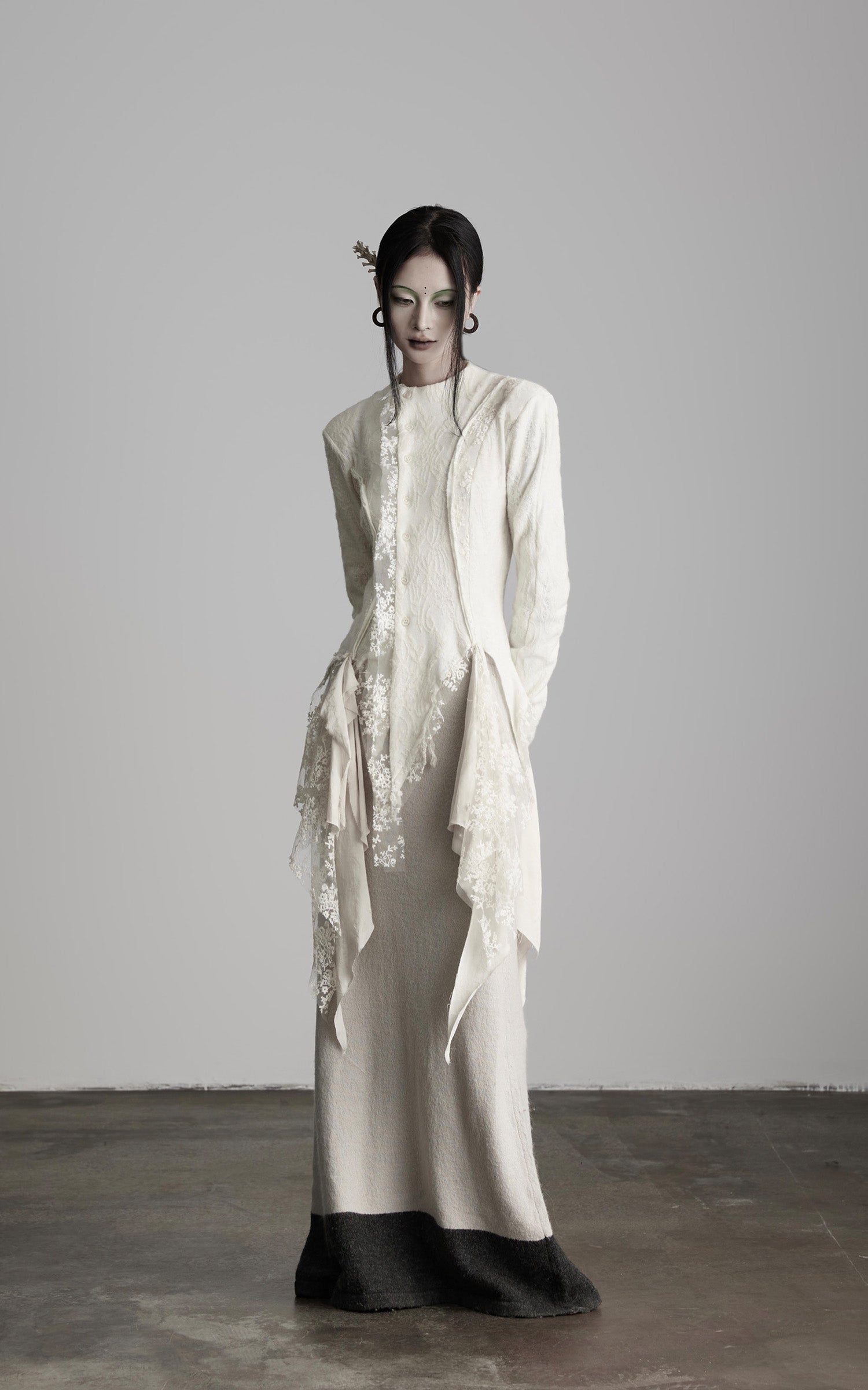 DOINDULGE Deconstructed Draped Top with Embroidered Lace Overlay
