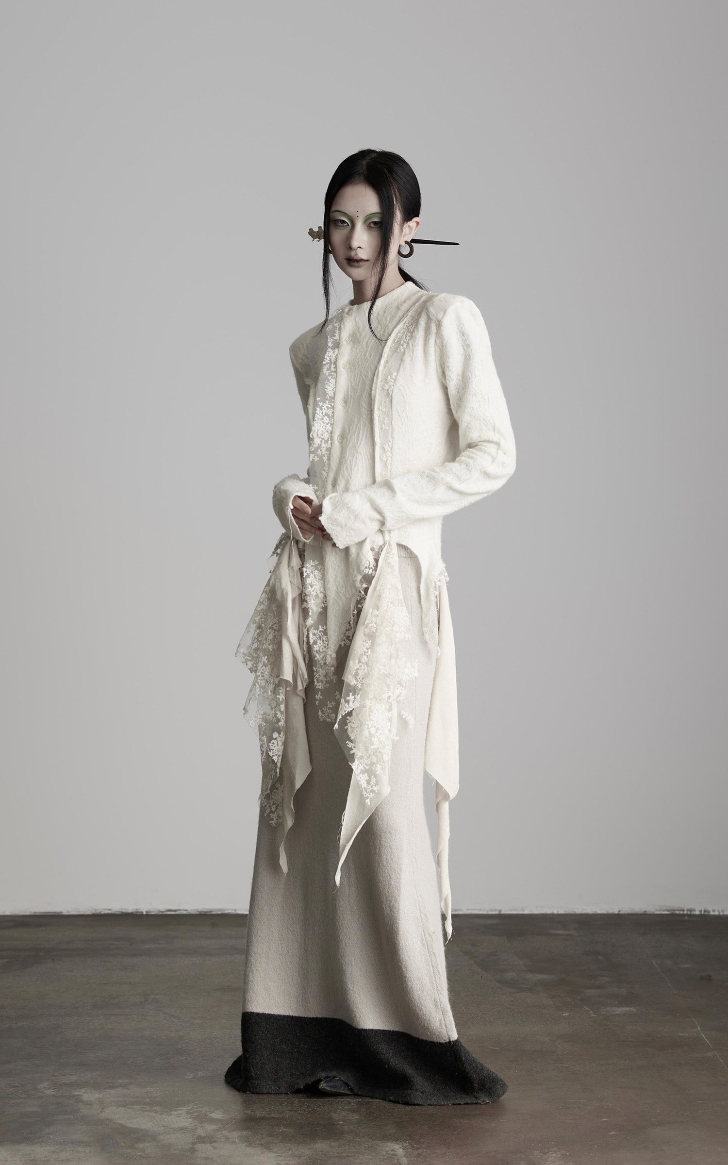 DOINDULGE Deconstructed Draped Top with Embroidered Lace Overlay