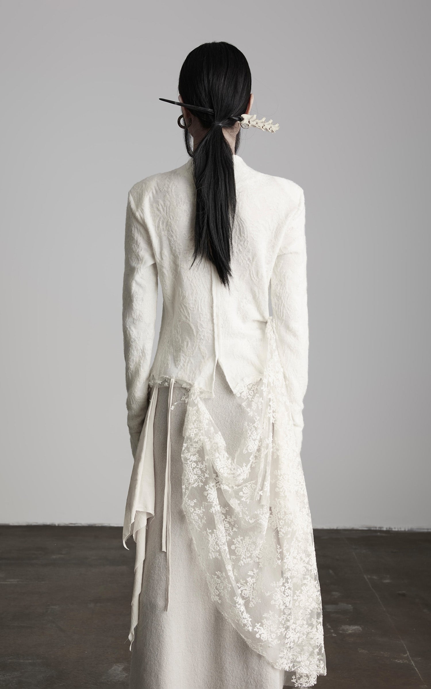 DOINDULGE Deconstructed Draped Top with Embroidered Lace Overlay