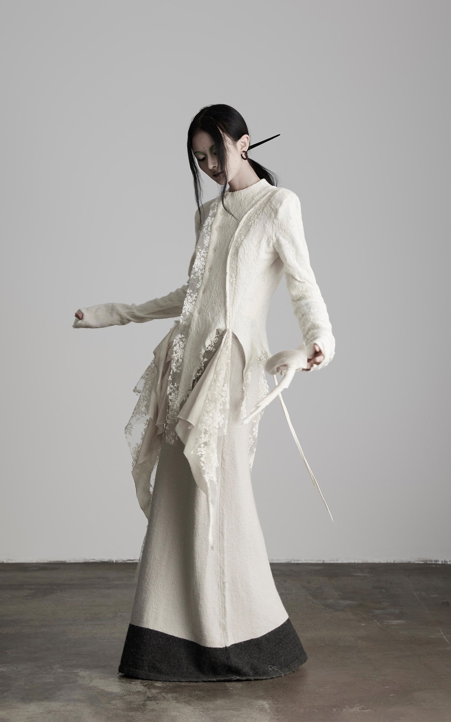 DOINDULGE Deconstructed Draped Top with Embroidered Lace Overlay