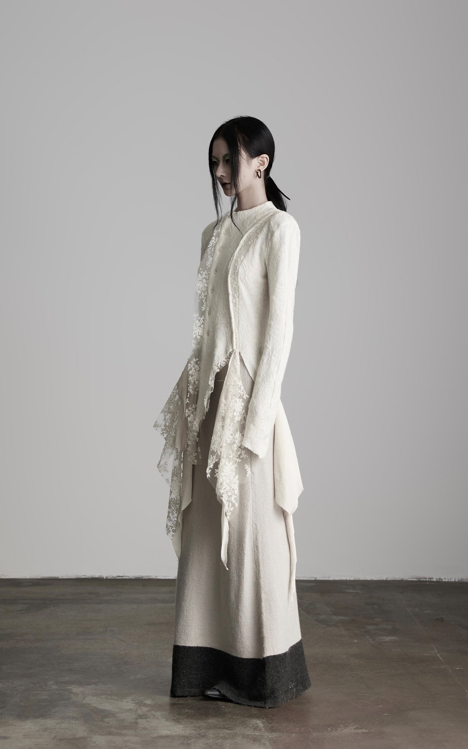 DOINDULGE Deconstructed Draped Top with Embroidered Lace Overlay