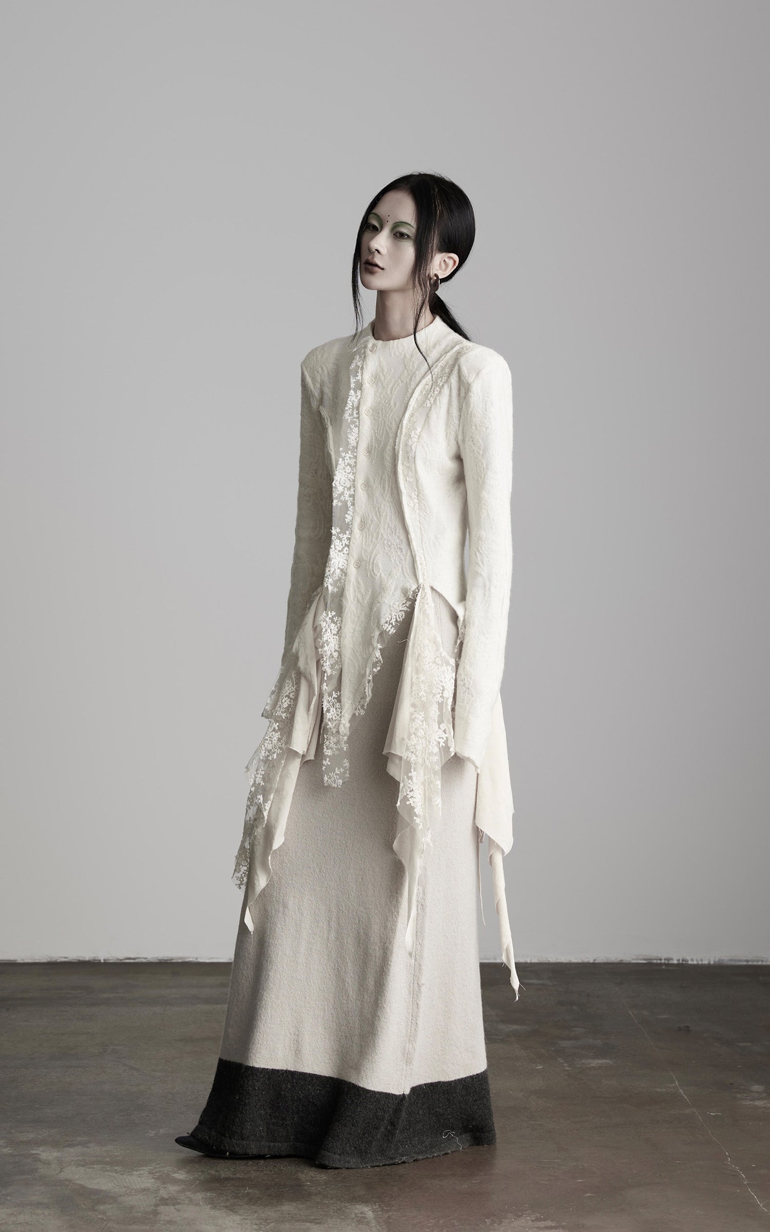 DOINDULGE Deconstructed Draped Top with Embroidered Lace Overlay