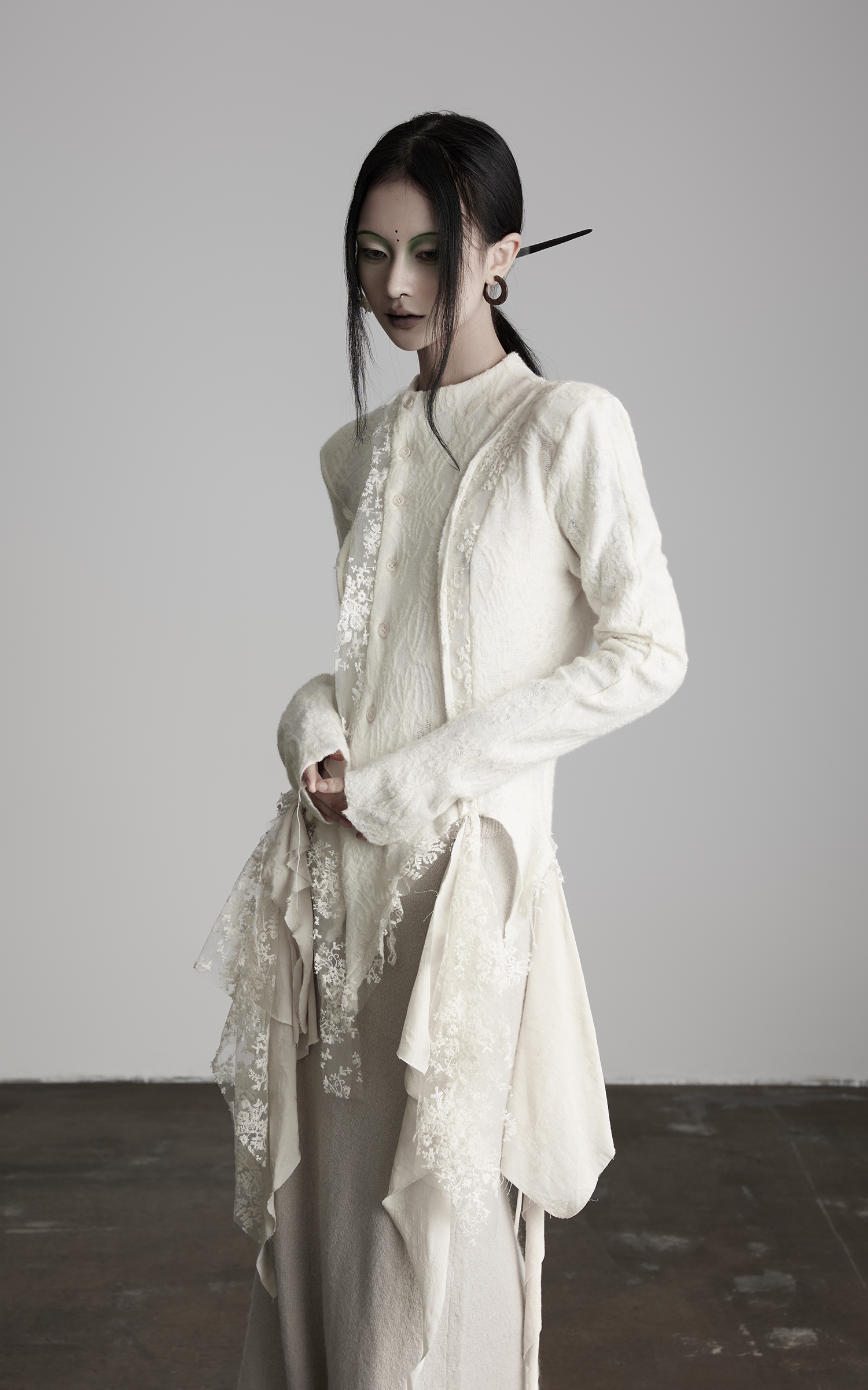 DOINDULGE Deconstructed Draped Top with Embroidered Lace Overlay