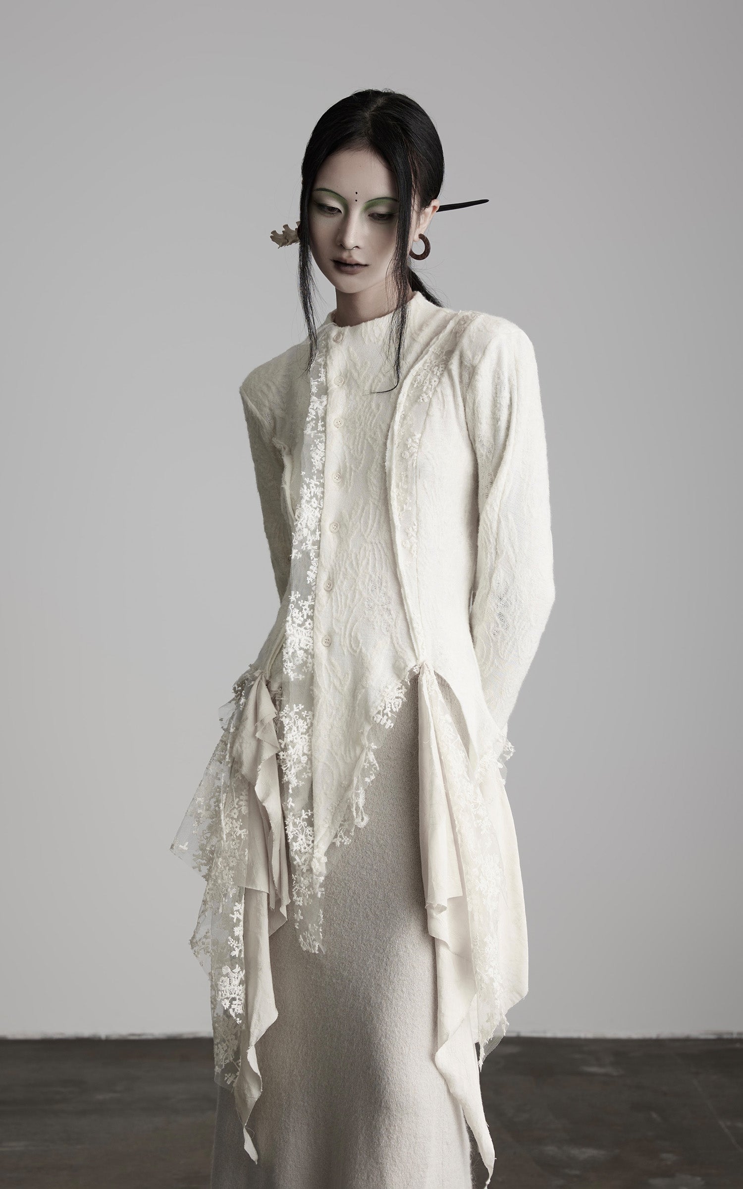 DOINDULGE Deconstructed Draped Top with Embroidered Lace Overlay