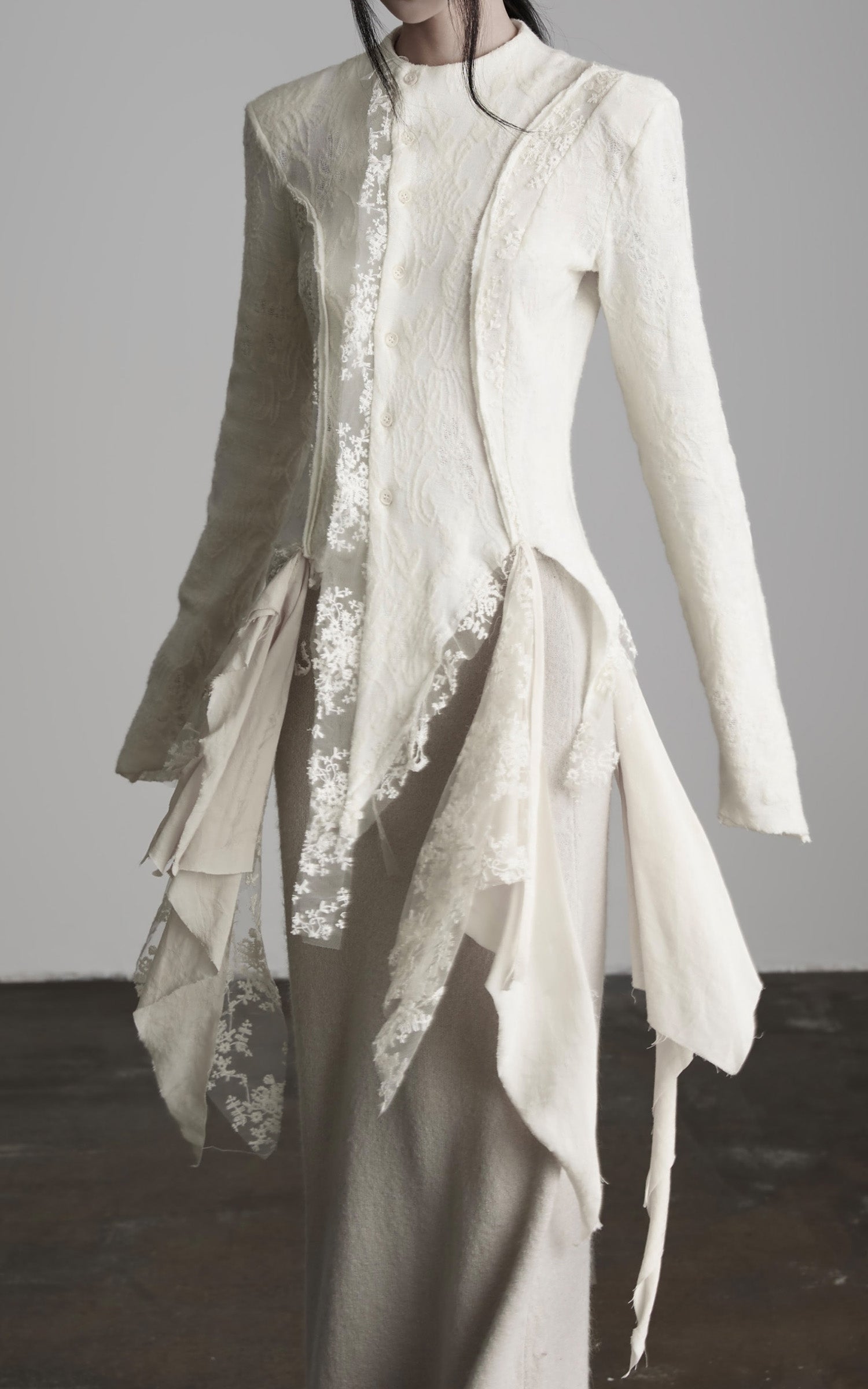 DOINDULGE Deconstructed Draped Top with Embroidered Lace Overlay