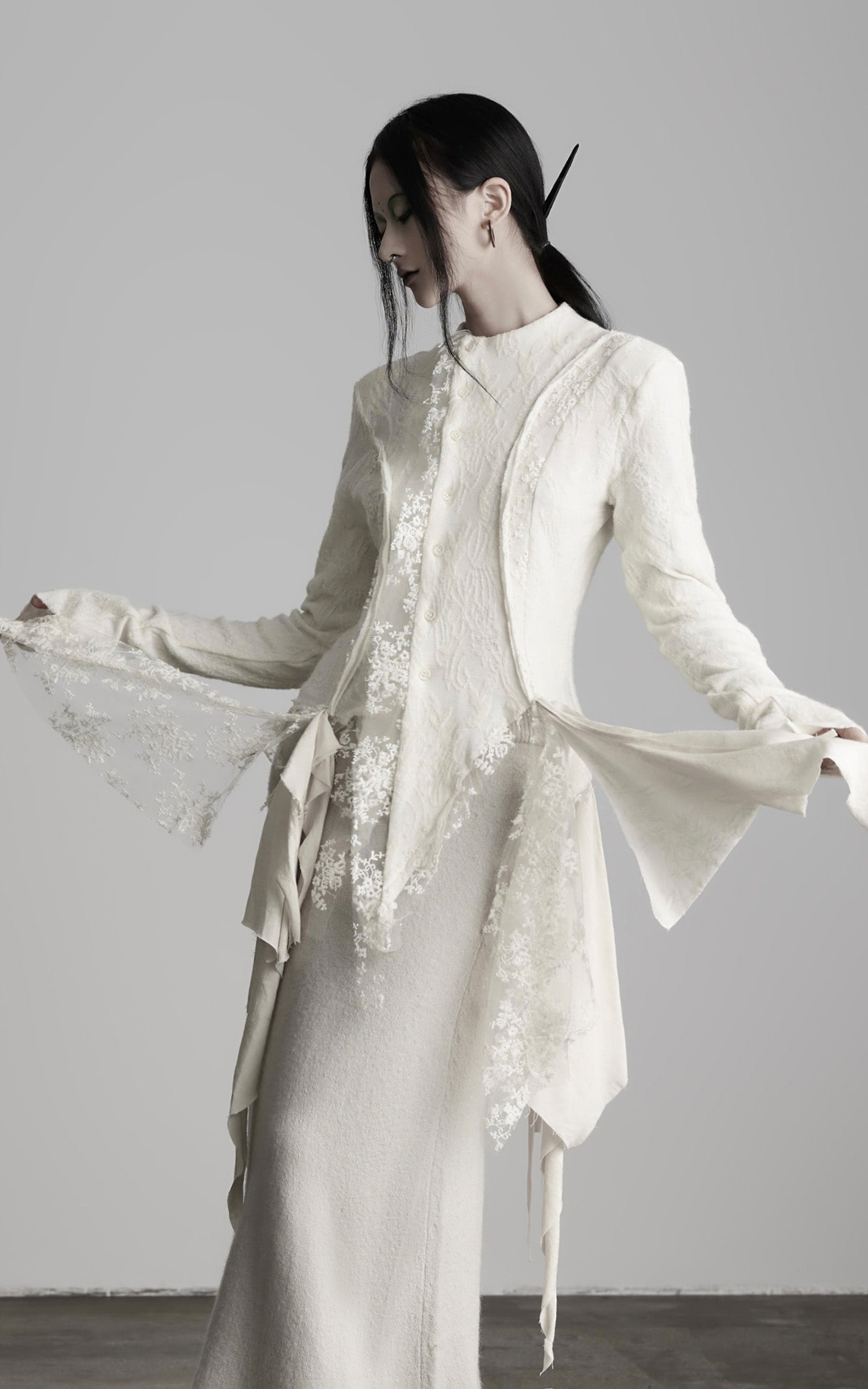 DOINDULGE Deconstructed Draped Top with Embroidered Lace Overlay