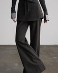 DOINDULGE Pinstripe Wide-Leg Pants with Apron Overlay and Drawstring Waist