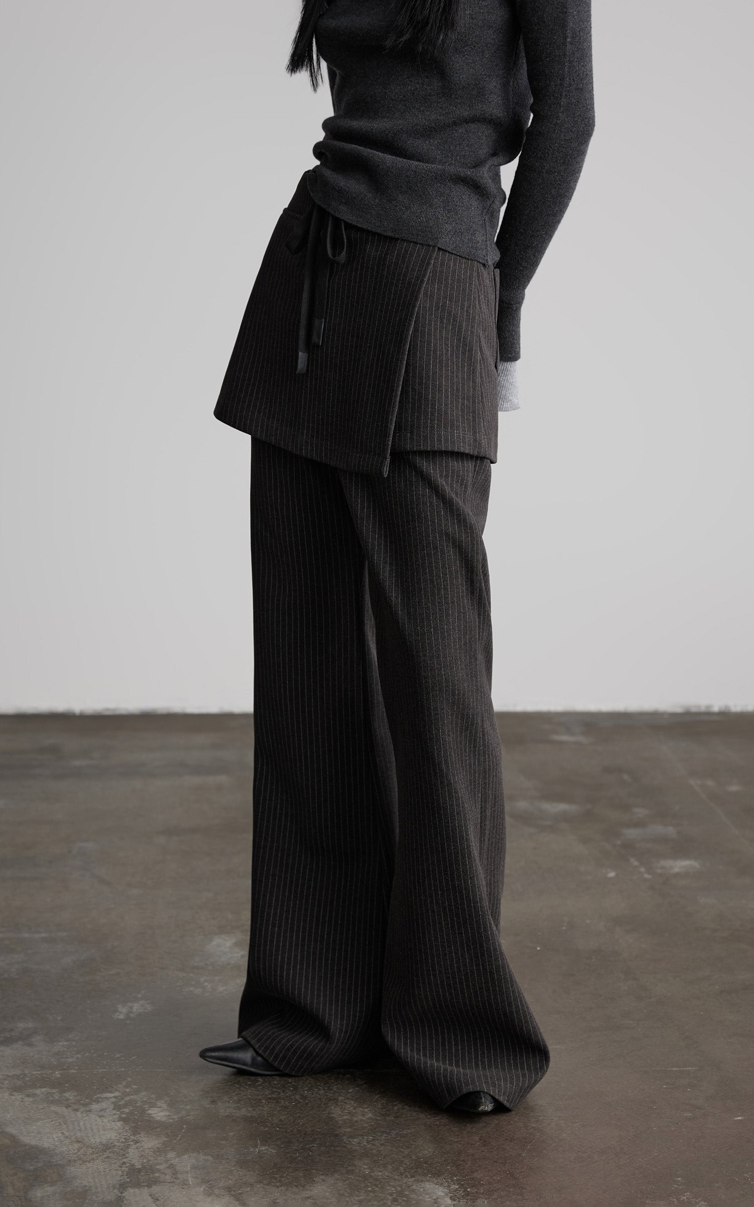 DOINDULGE Pinstripe Wide-Leg Pants with Apron Overlay and Drawstring Waist