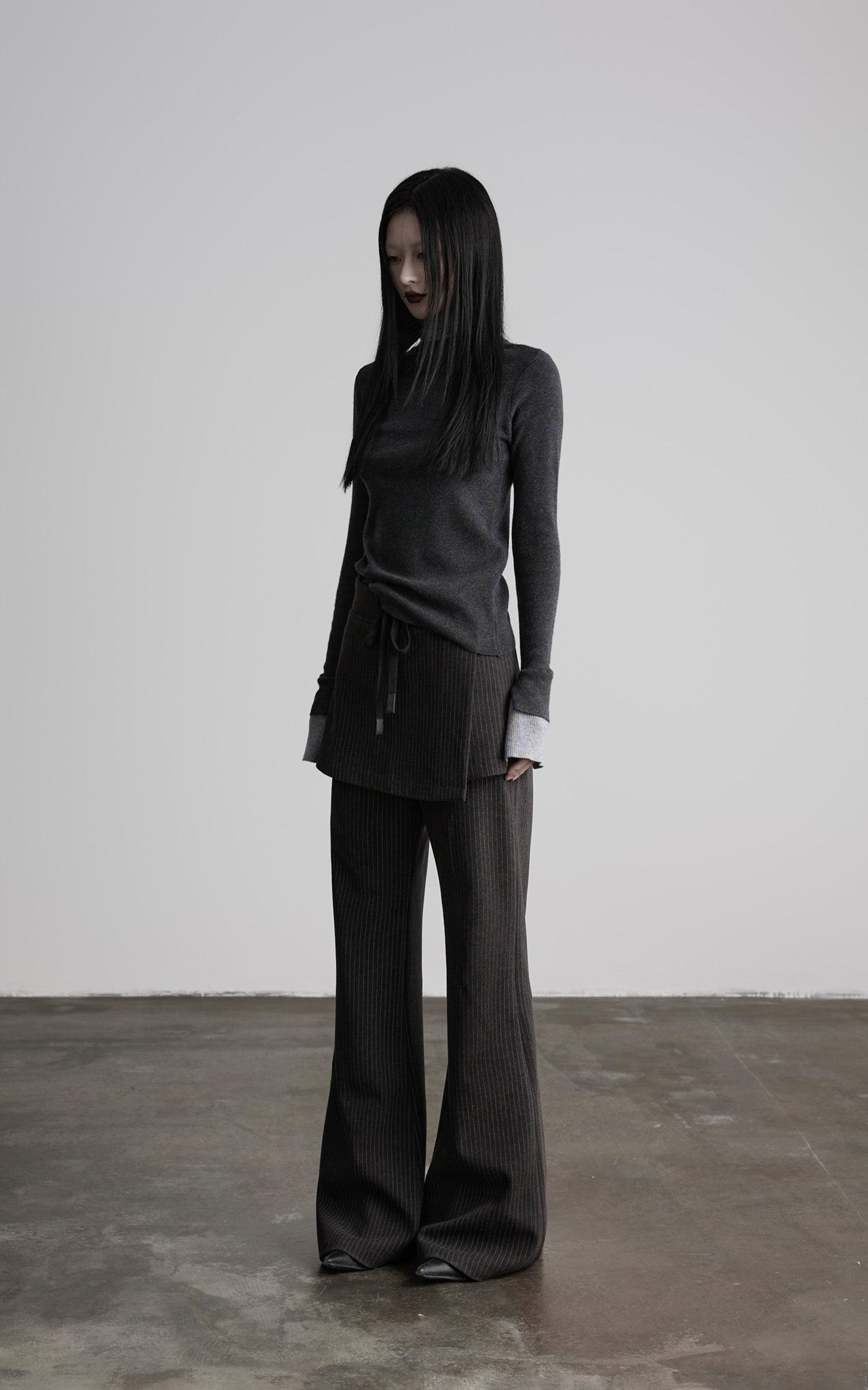 DOINDULGE Pinstripe Wide-Leg Pants with Apron Overlay and Drawstring Waist