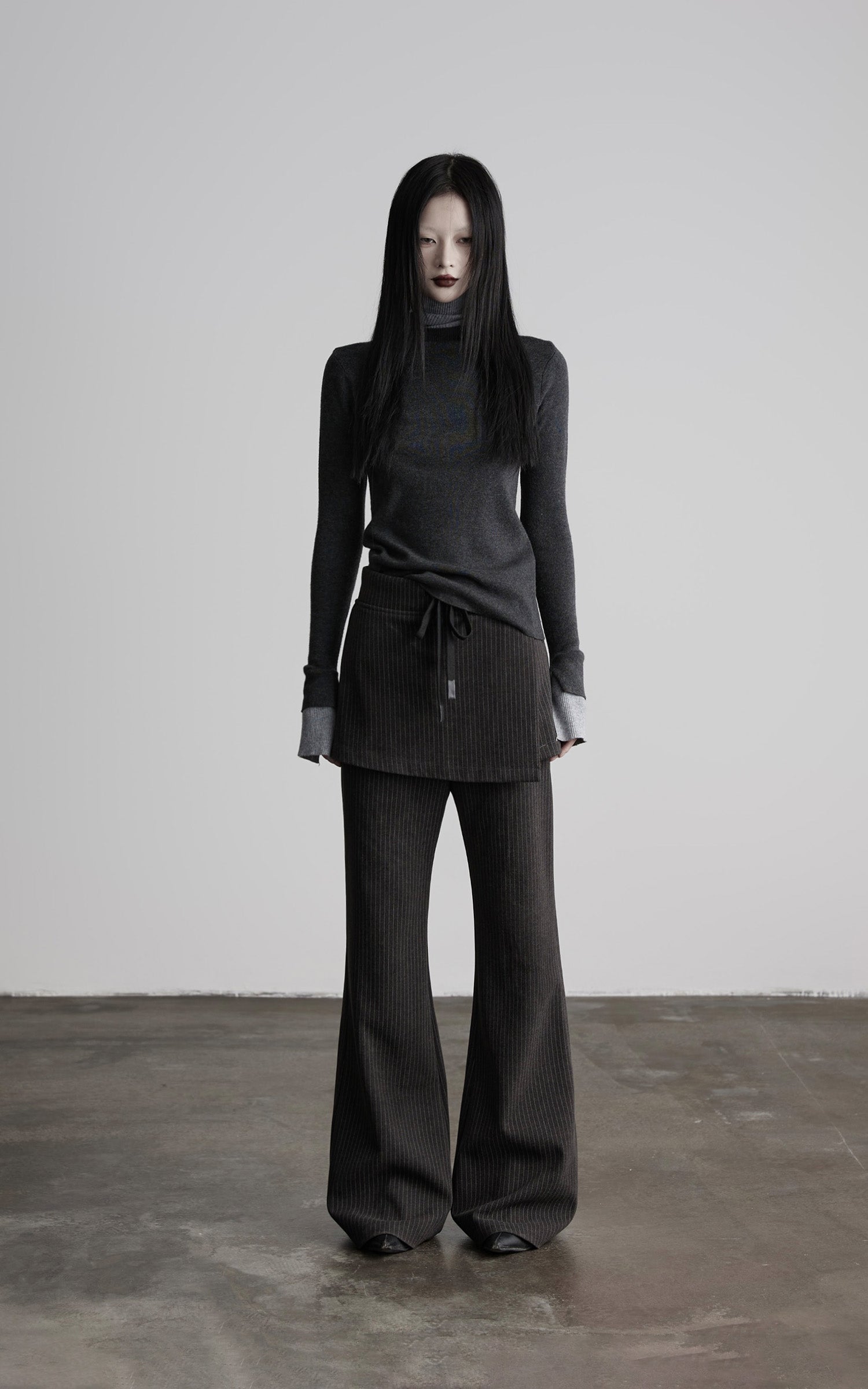 DOINDULGE Pinstripe Wide-Leg Pants with Apron Overlay and Drawstring Waist