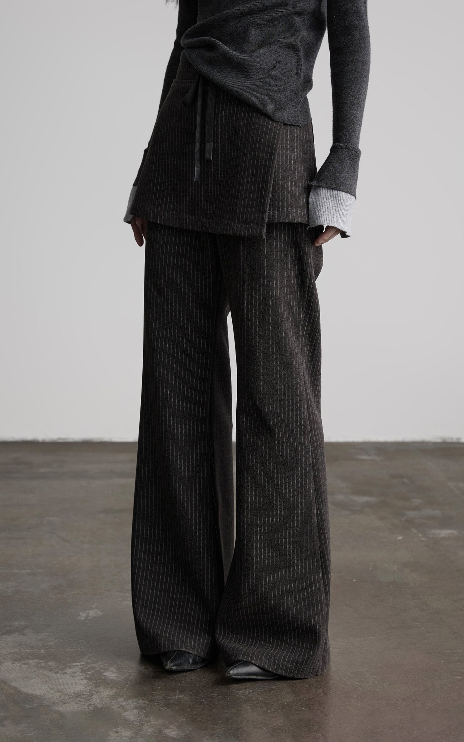 DOINDULGE Pinstripe Wide-Leg Pants with Apron Overlay and Drawstring Waist
