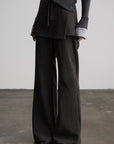 DOINDULGE Pinstripe Wide-Leg Pants with Apron Overlay and Drawstring Waist