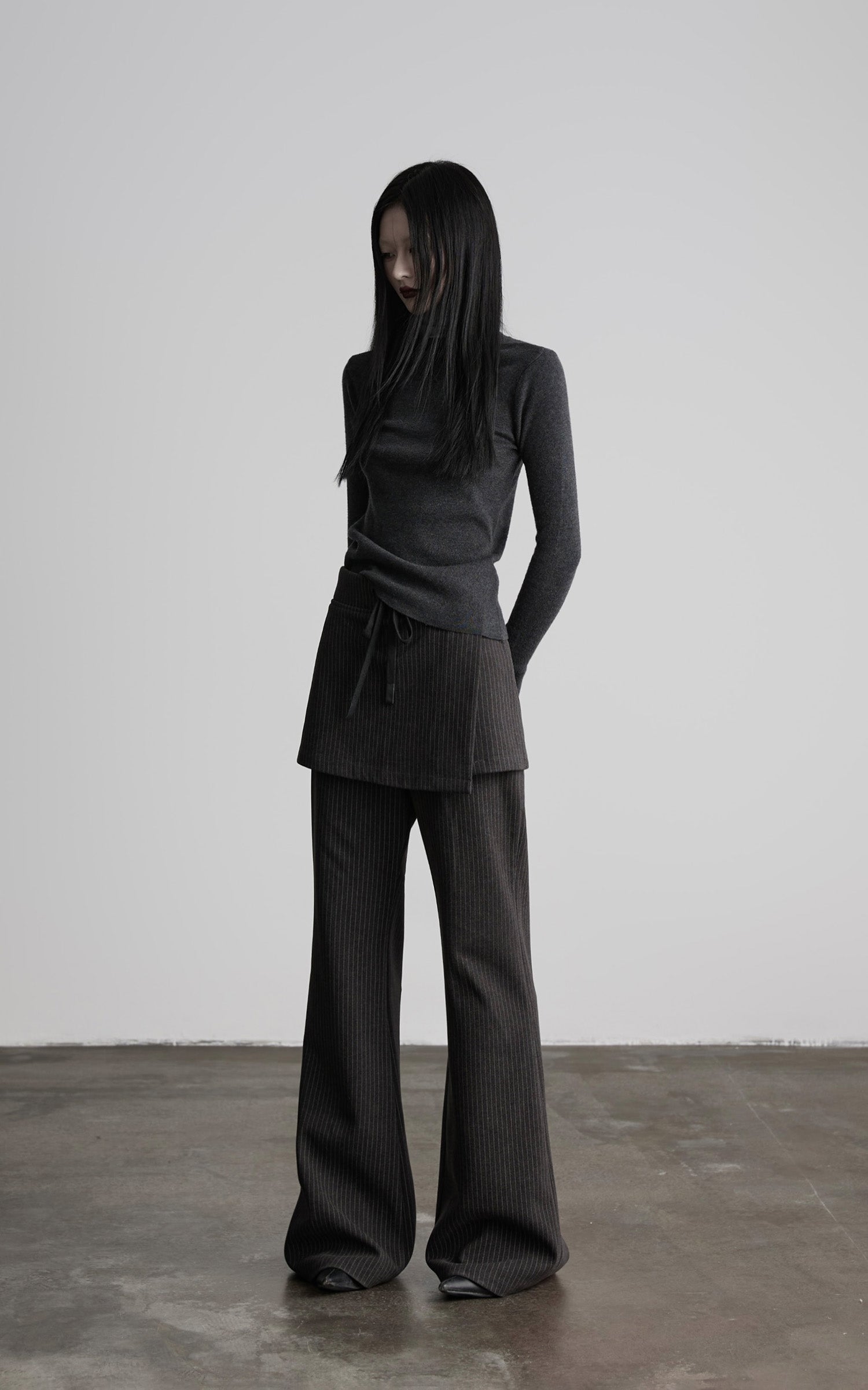 DOINDULGE Pinstripe Wide-Leg Pants with Apron Overlay and Drawstring Waist