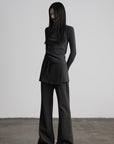 DOINDULGE Pinstripe Wide-Leg Pants with Apron Overlay and Drawstring Waist