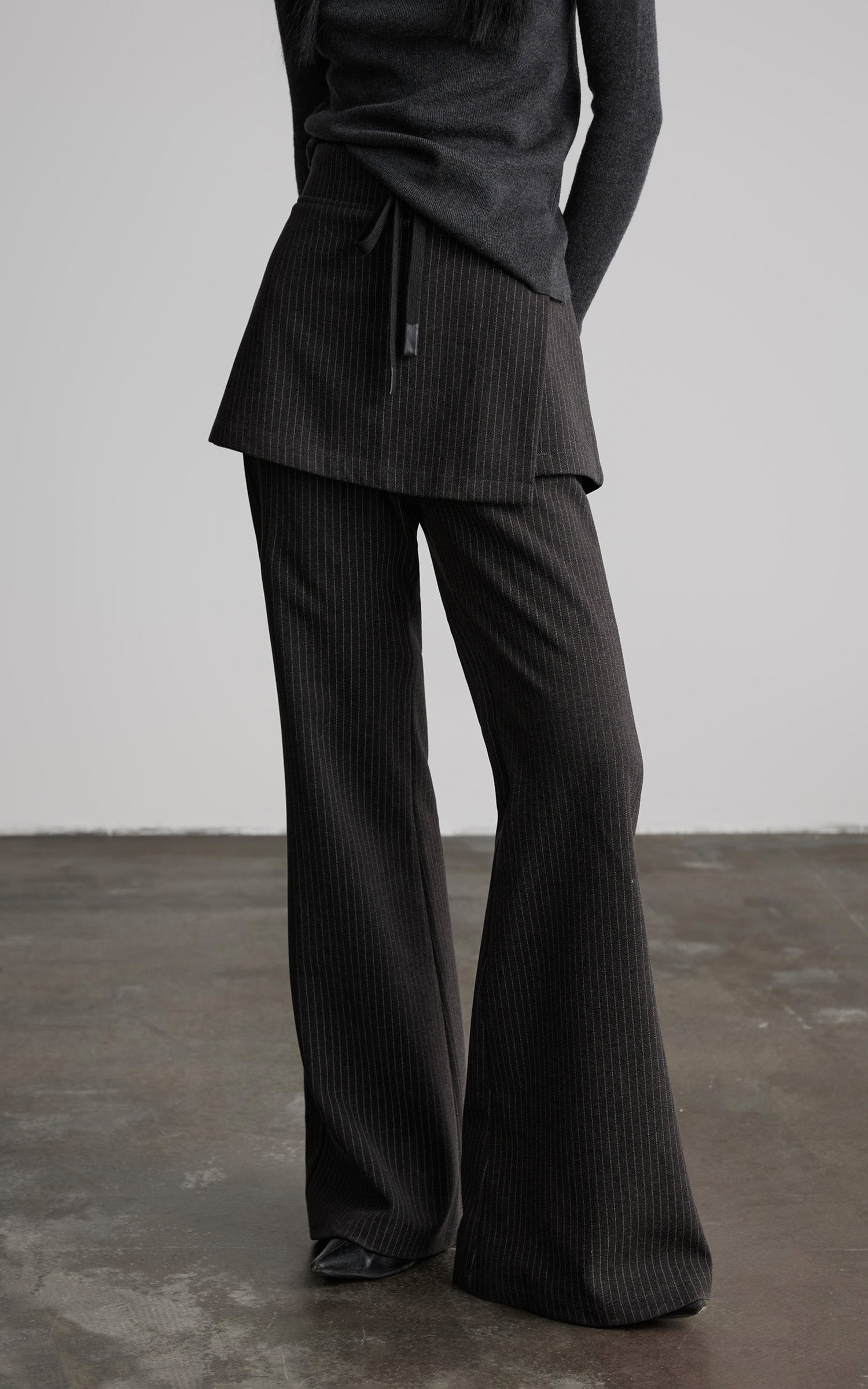 DOINDULGE Pinstripe Wide-Leg Pants with Apron Overlay and Drawstring Waist