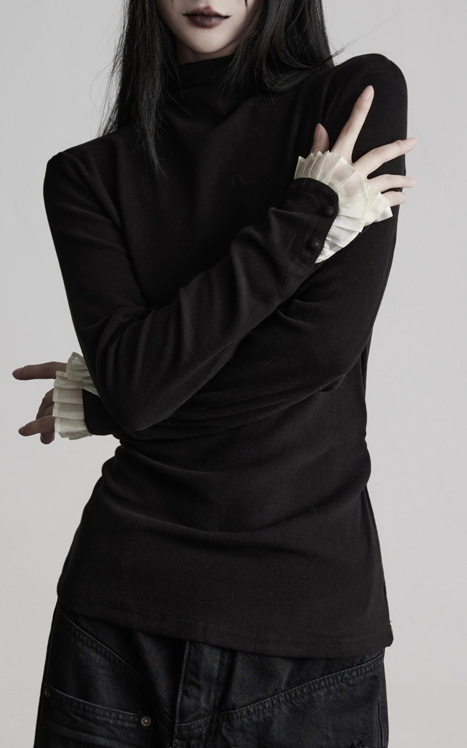 DOINDULGE Structured Knit Top with Contrast Pleated Cuffs