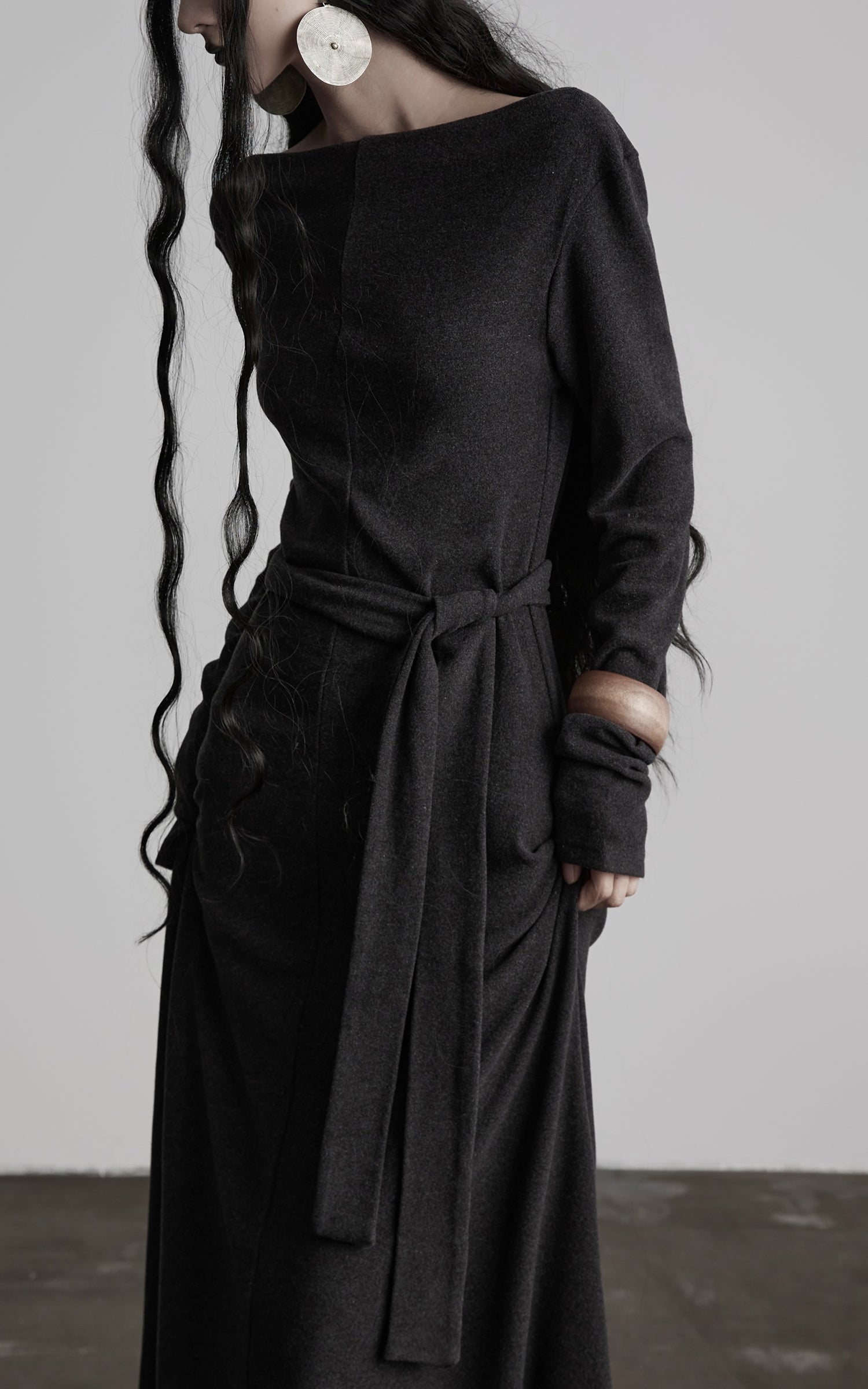 DOINDULGE Off-Shoulder Long Sleeve Dress with Raw Edges and Belt