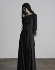 DOINDULGE Off-Shoulder Long Sleeve Dress with Raw Edges and Belt