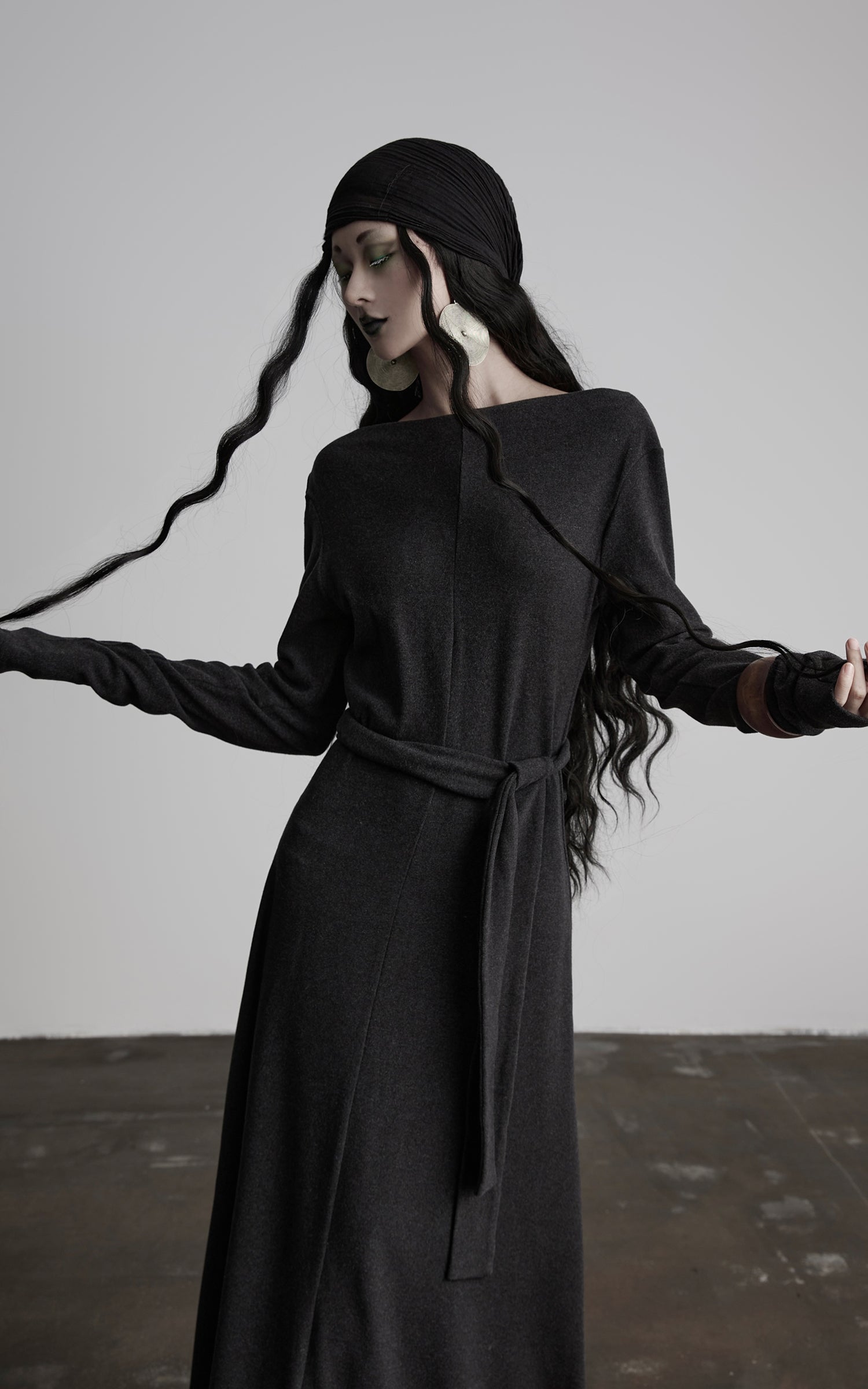DOINDULGE Off-Shoulder Long Sleeve Dress with Raw Edges and Belt