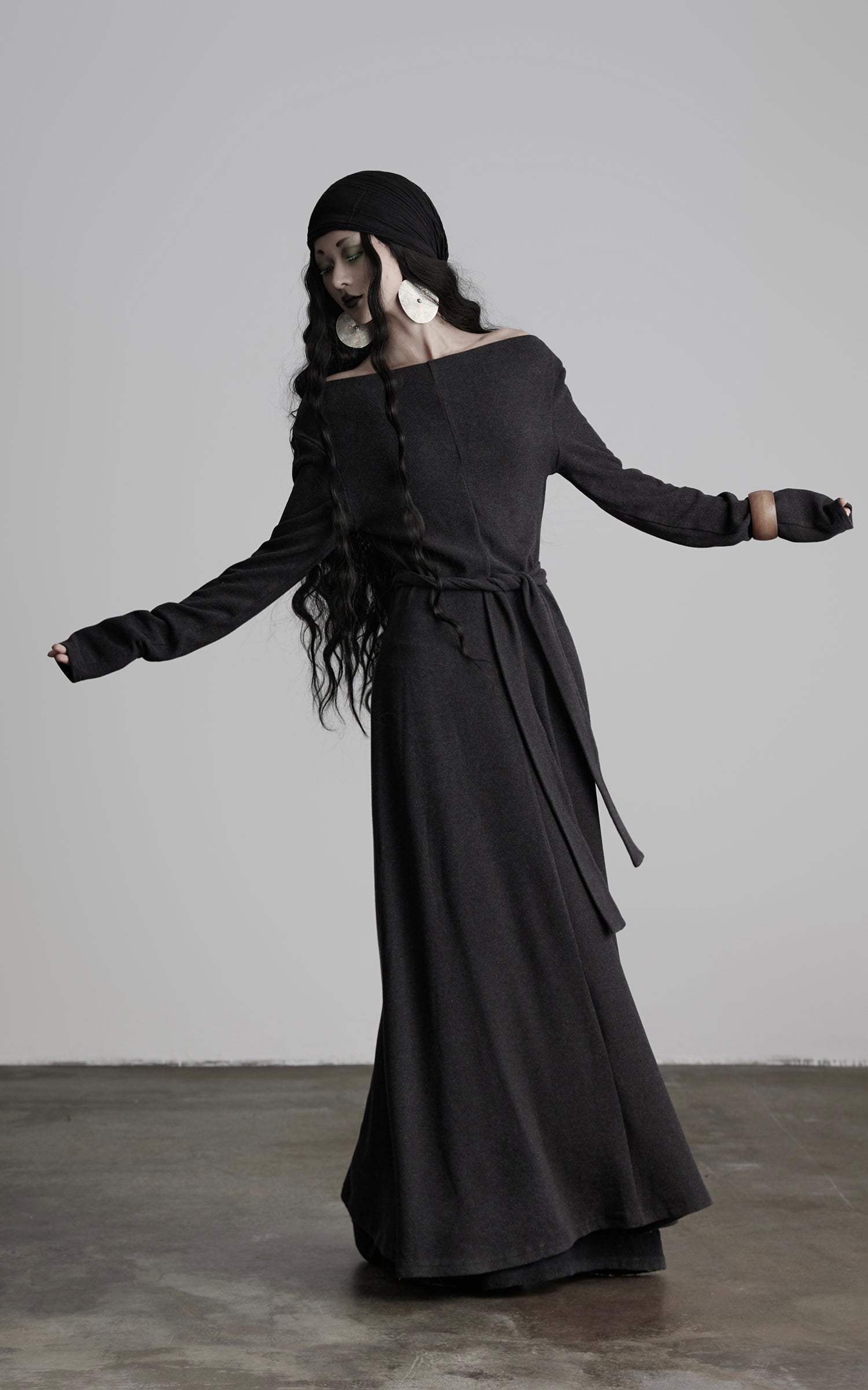 DOINDULGE Off-Shoulder Long Sleeve Dress with Raw Edges and Belt