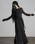 DOINDULGE Off-Shoulder Long Sleeve Dress with Raw Edges and Belt