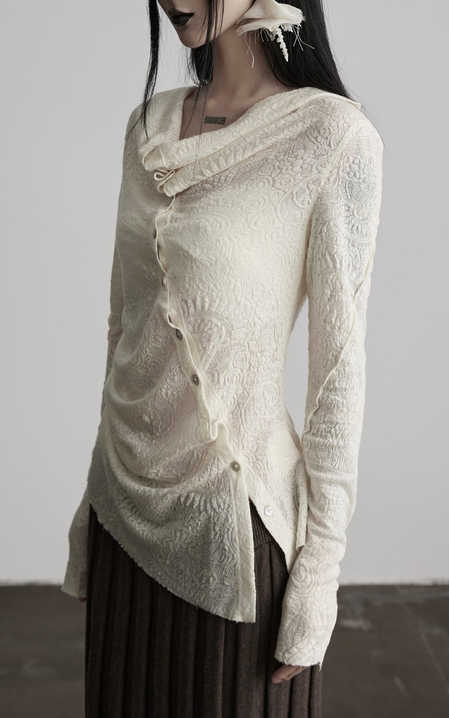 DOINDULGE Textured Knit Asymmetric Buttoned Long Sleeve Top