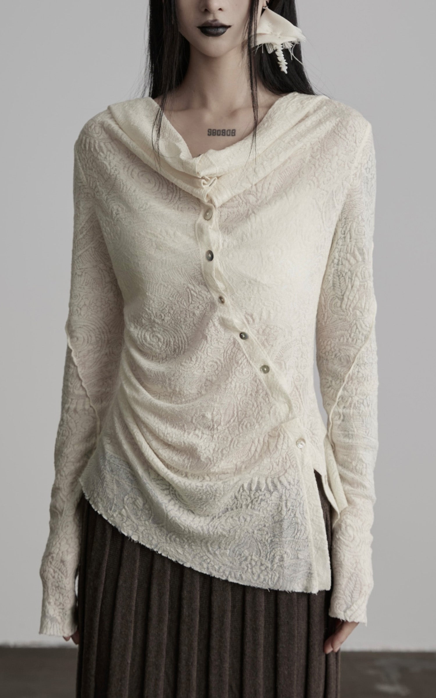 DOINDULGE Textured Knit Asymmetric Buttoned Long Sleeve Top