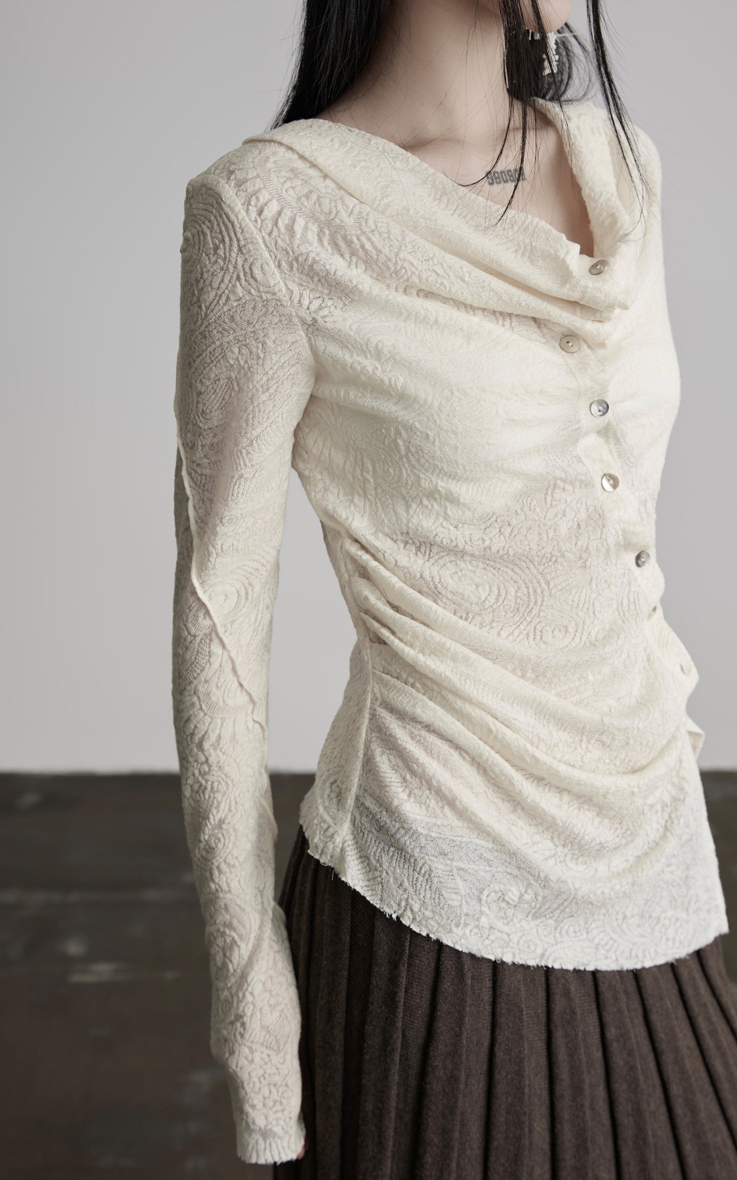 DOINDULGE Textured Knit Asymmetric Buttoned Long Sleeve Top