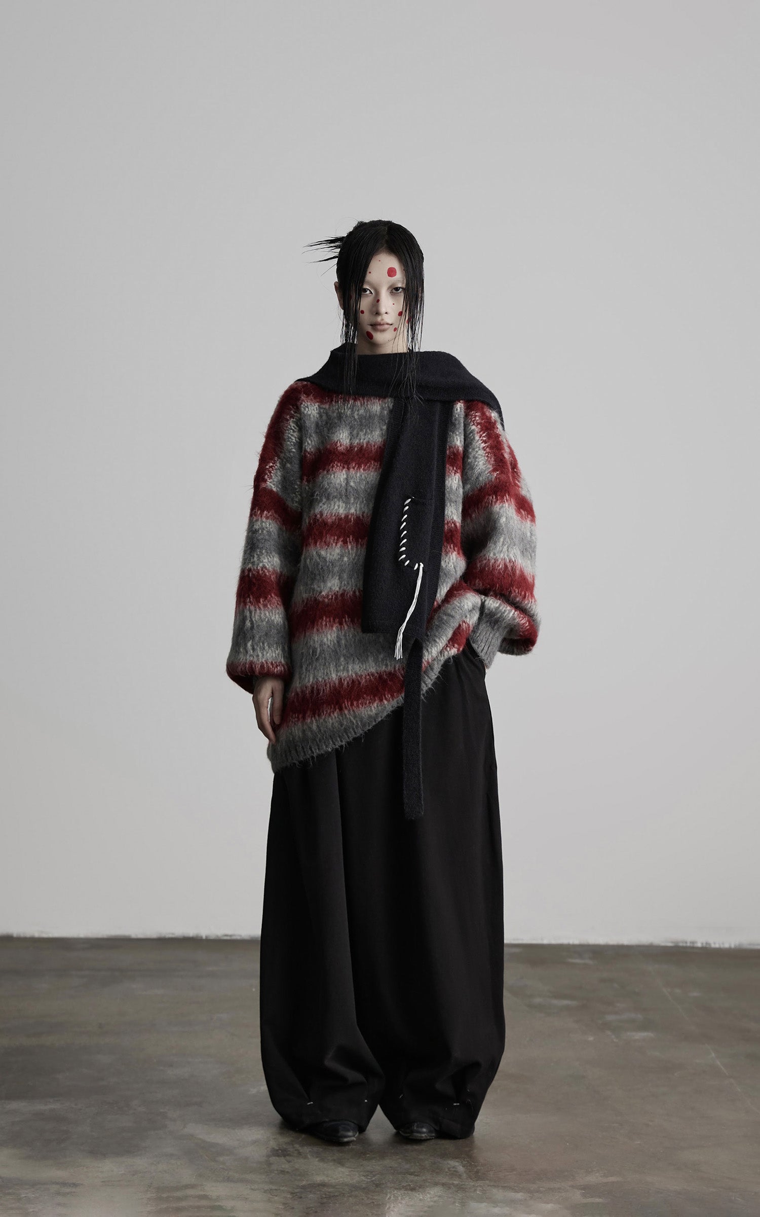 DOINDULGE Striped Fuzzy Knit Sweater Oversized Pullover Red Grey