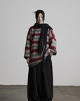 DOINDULGE Striped Fuzzy Knit Sweater Oversized Pullover Red Grey