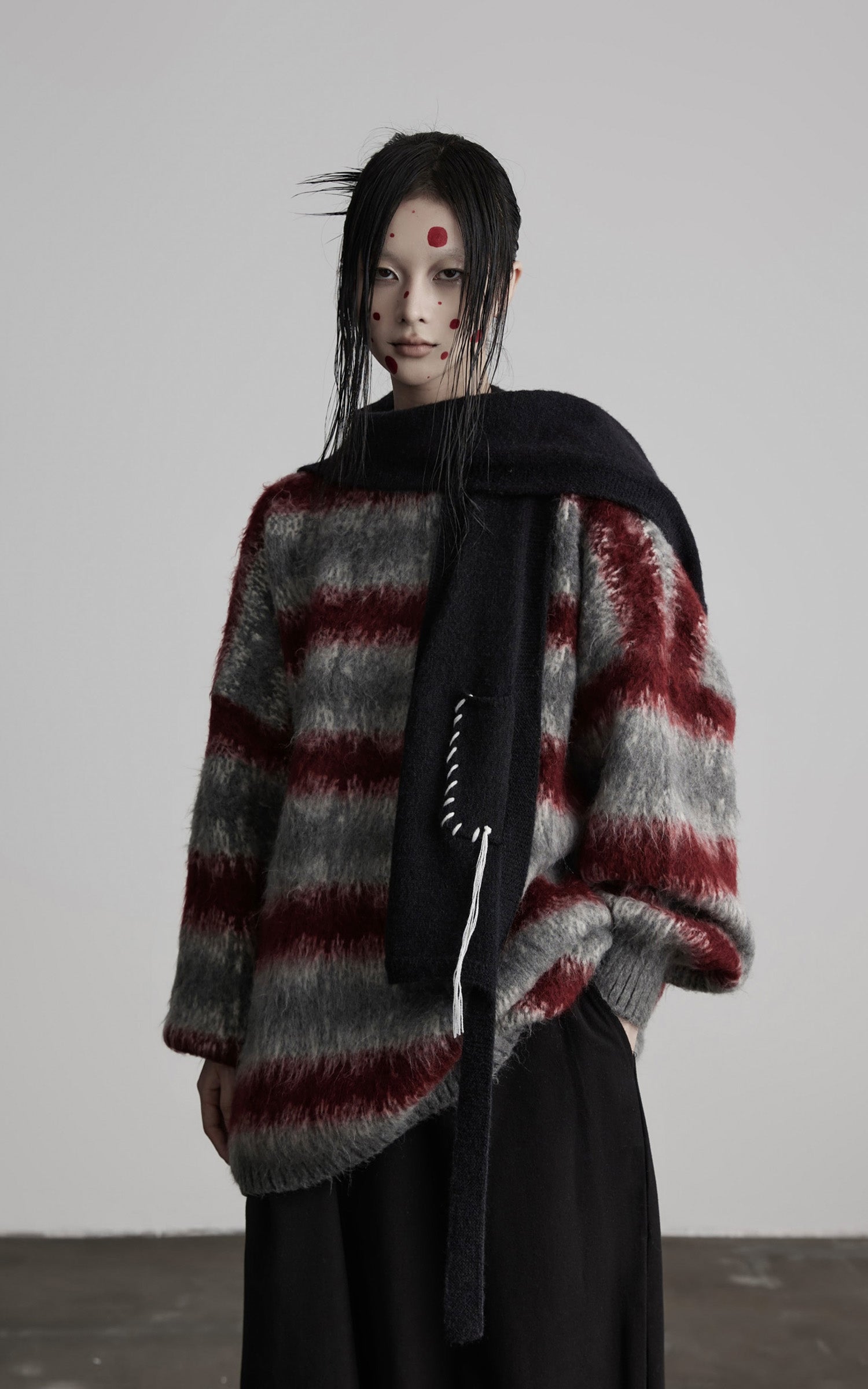 DOINDULGE Striped Fuzzy Knit Sweater Oversized Pullover Red Grey