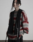 DOINDULGE Striped Fuzzy Knit Sweater Oversized Pullover Red Grey