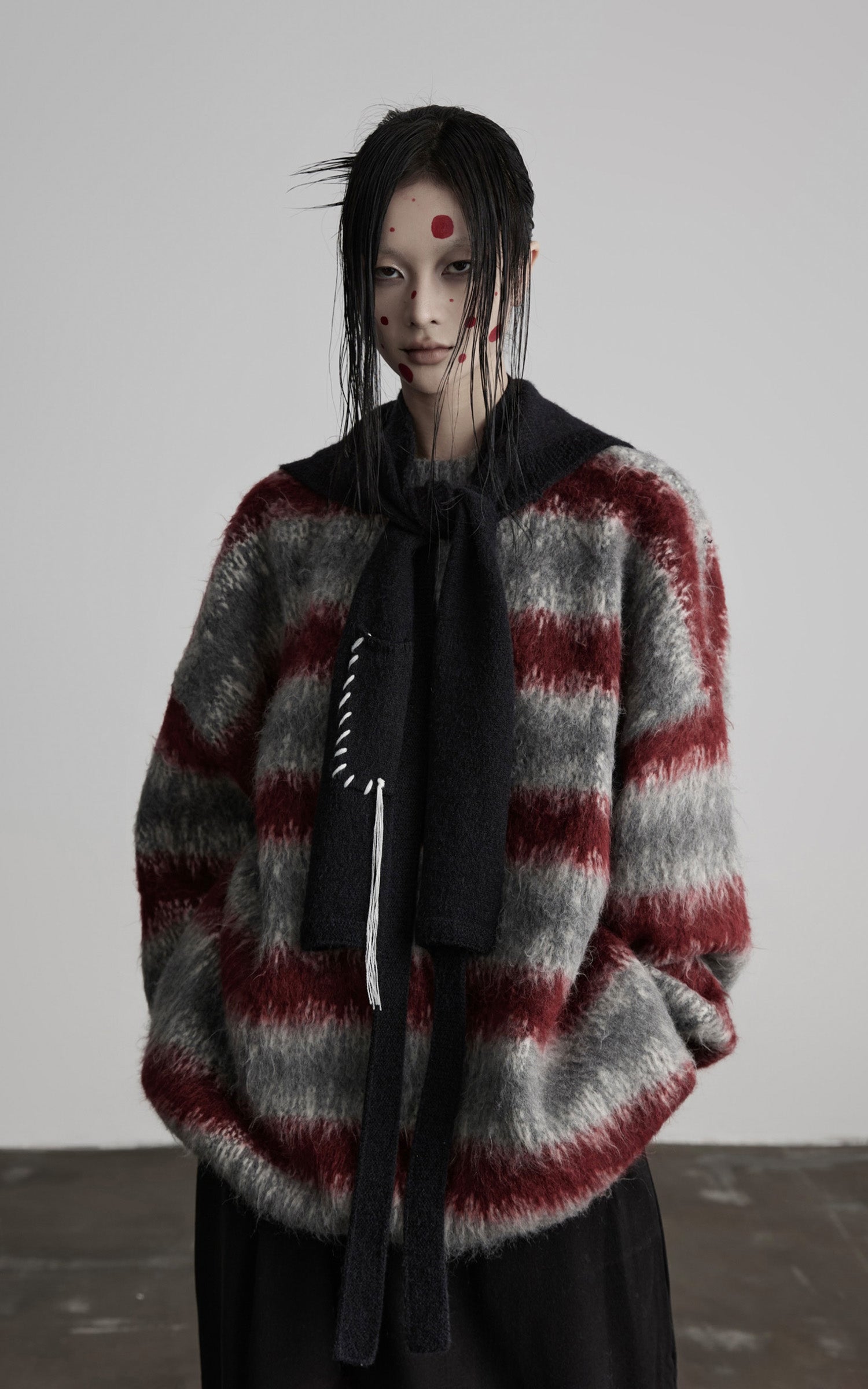 DOINDULGE Striped Fuzzy Knit Sweater Oversized Pullover Red Grey