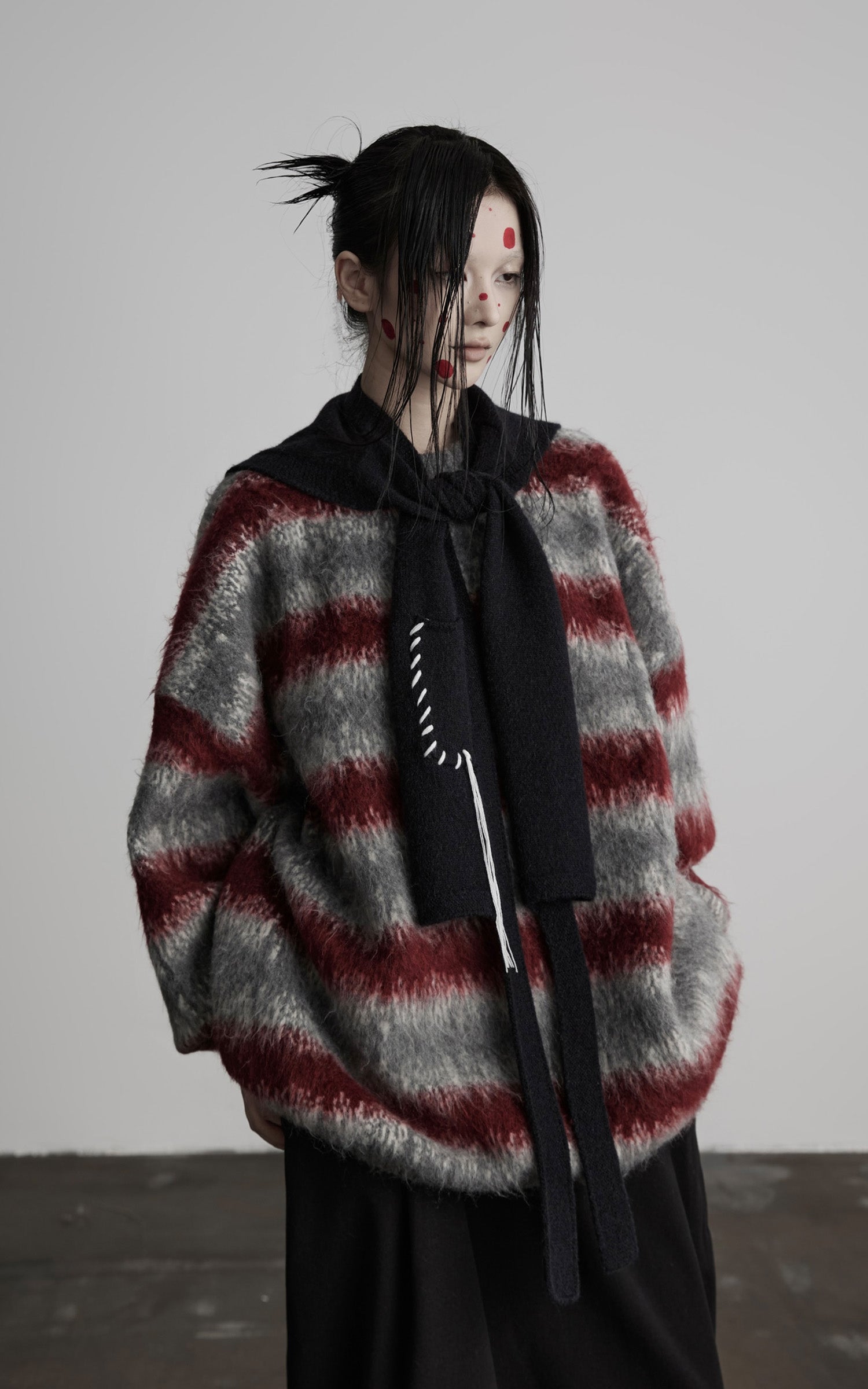 DOINDULGE Striped Fuzzy Knit Sweater Oversized Pullover Red Grey