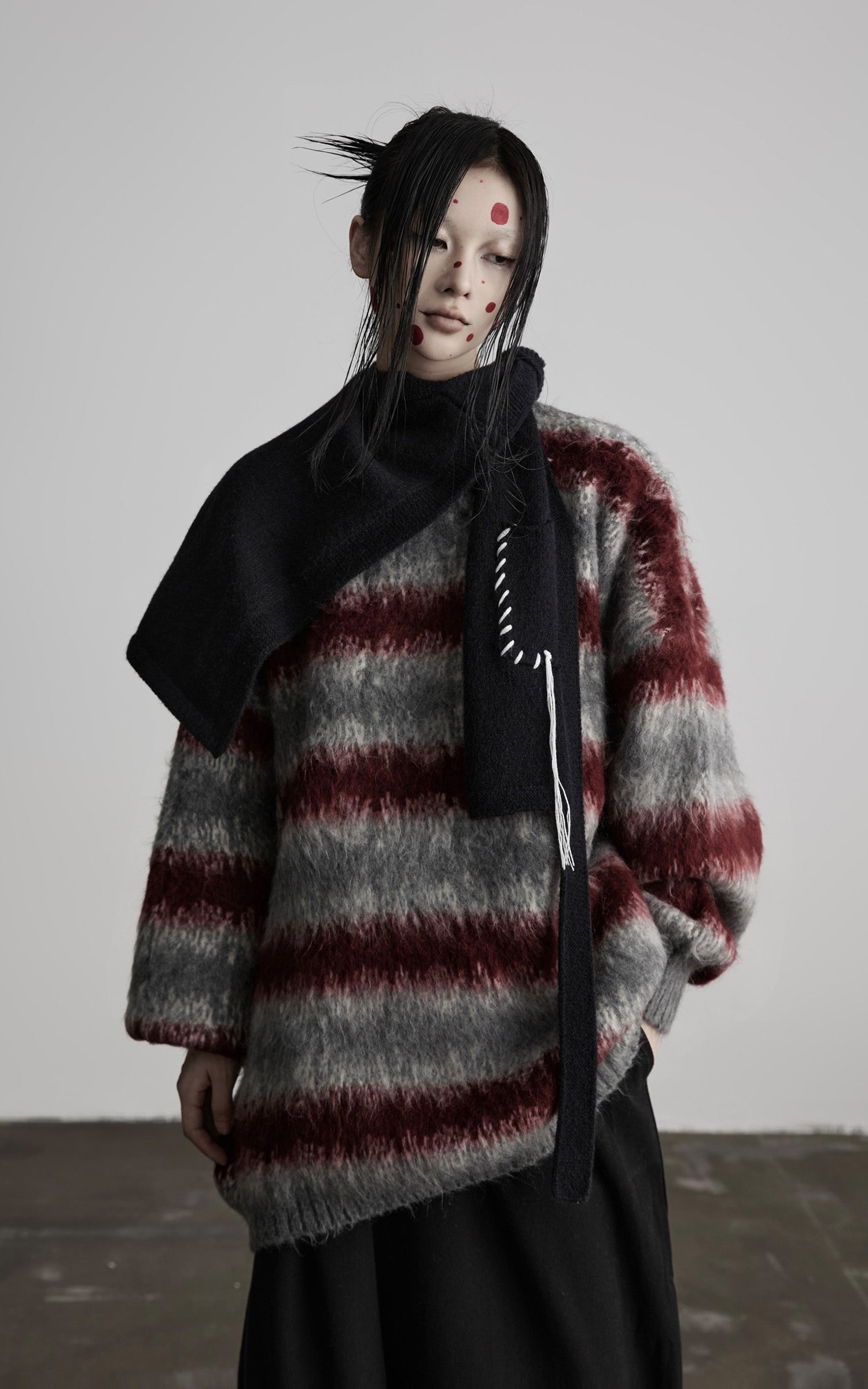 DOINDULGE Striped Fuzzy Knit Sweater Oversized Pullover Red Grey