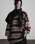 DOINDULGE Striped Fuzzy Knit Sweater Oversized Pullover Red Grey