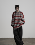 DOINDULGE Striped Fuzzy Knit Sweater Oversized Pullover Red Grey