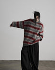 DOINDULGE Striped Fuzzy Knit Sweater Oversized Pullover Red Grey