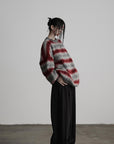 DOINDULGE Striped Fuzzy Knit Sweater Oversized Pullover Red Grey