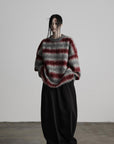 DOINDULGE Striped Fuzzy Knit Sweater Oversized Pullover Red Grey