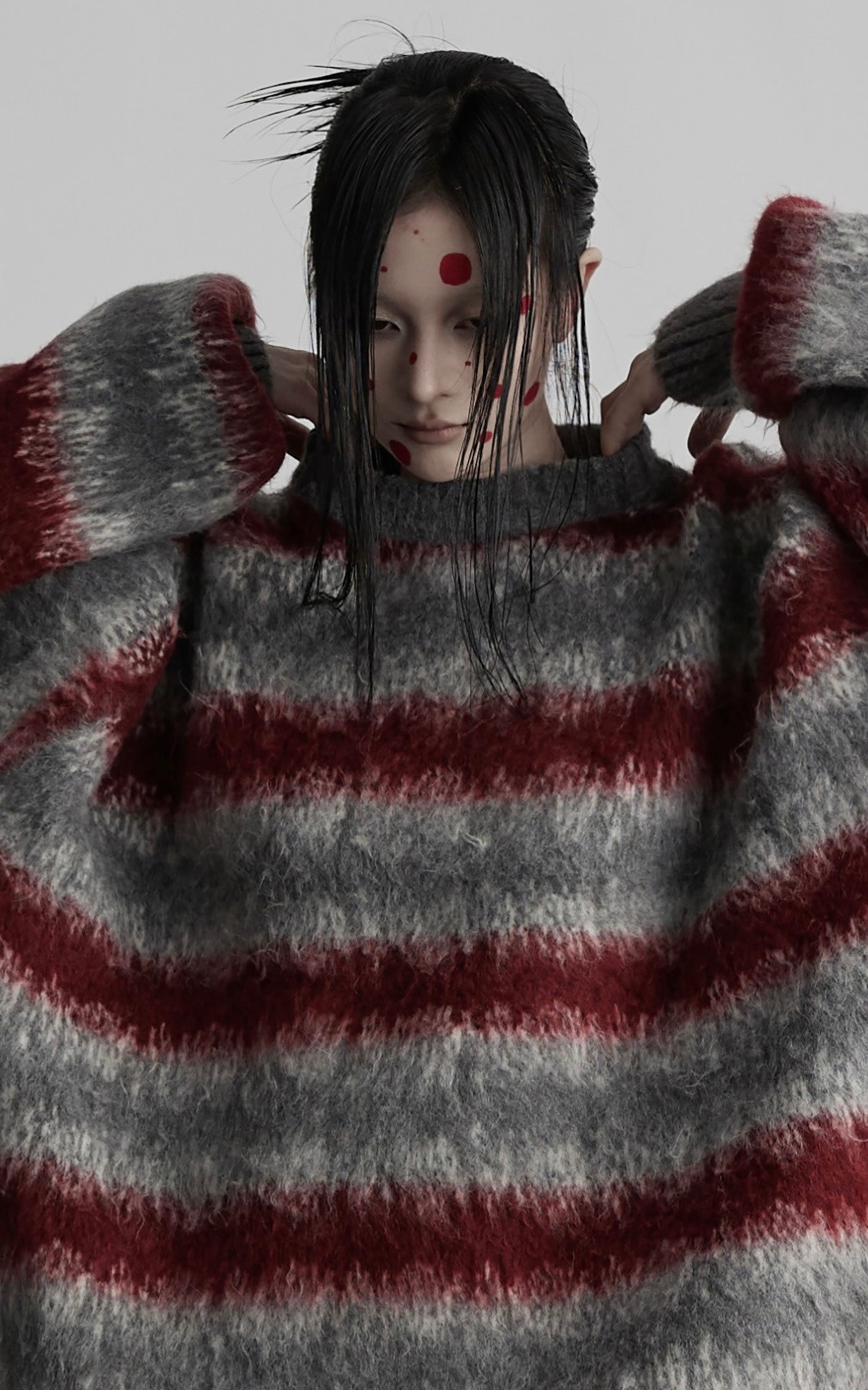DOINDULGE Striped Fuzzy Knit Sweater Oversized Pullover Red Grey