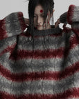 DOINDULGE Striped Fuzzy Knit Sweater Oversized Pullover Red Grey