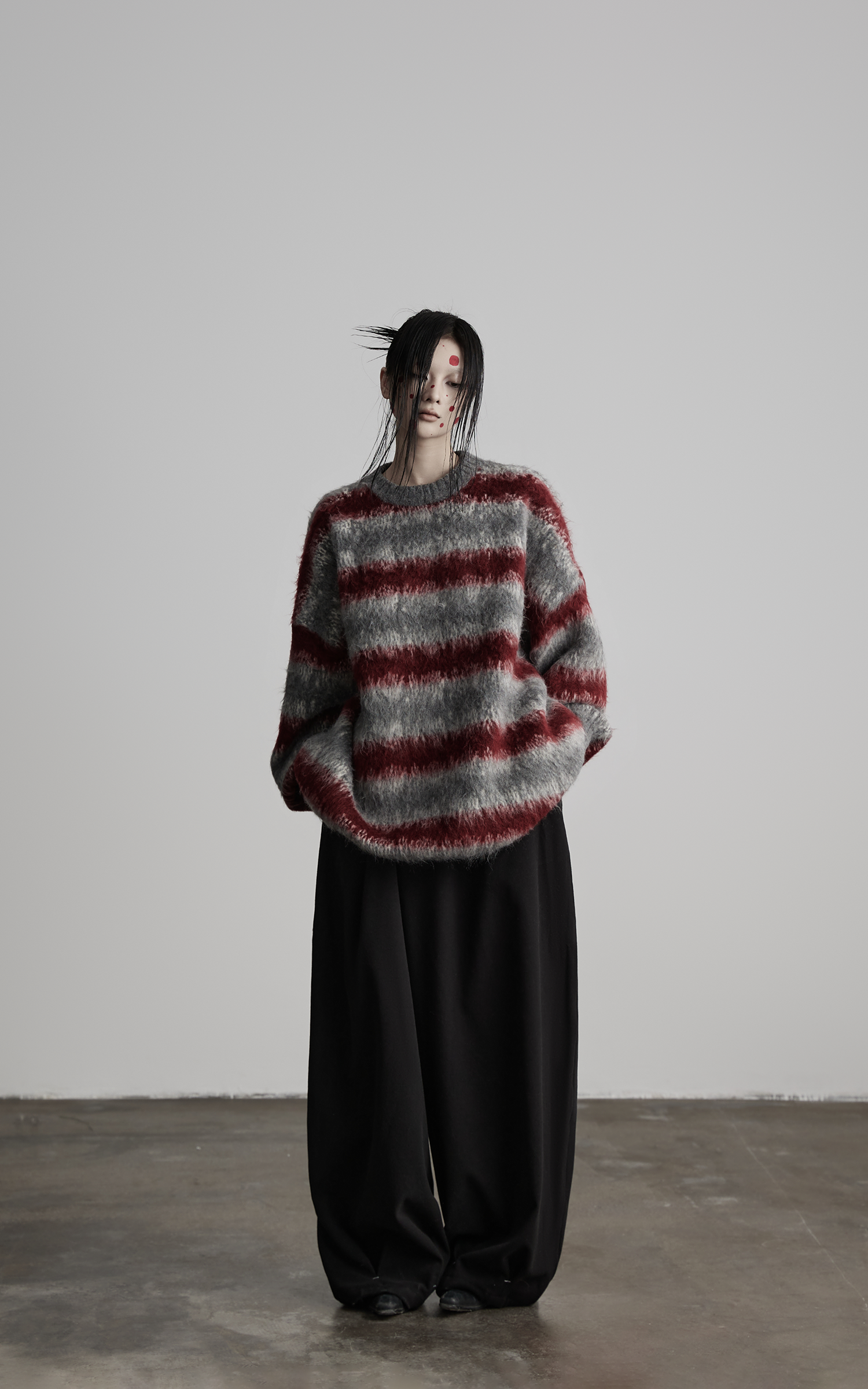 DOINDULGE Striped Fuzzy Knit Sweater Oversized Pullover Red Grey